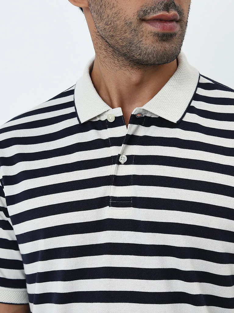 WES Casuals Navy Striped Slim-Fit Polo T-Shirt