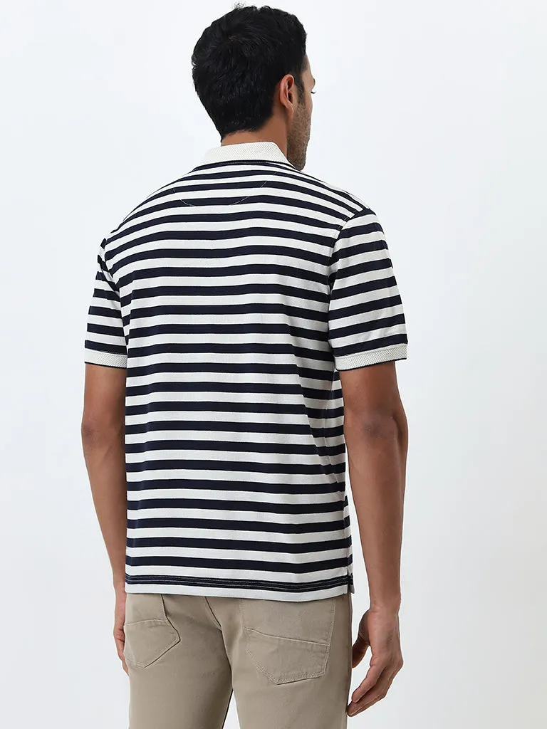 WES Casuals Navy Striped Slim-Fit Polo T-Shirt