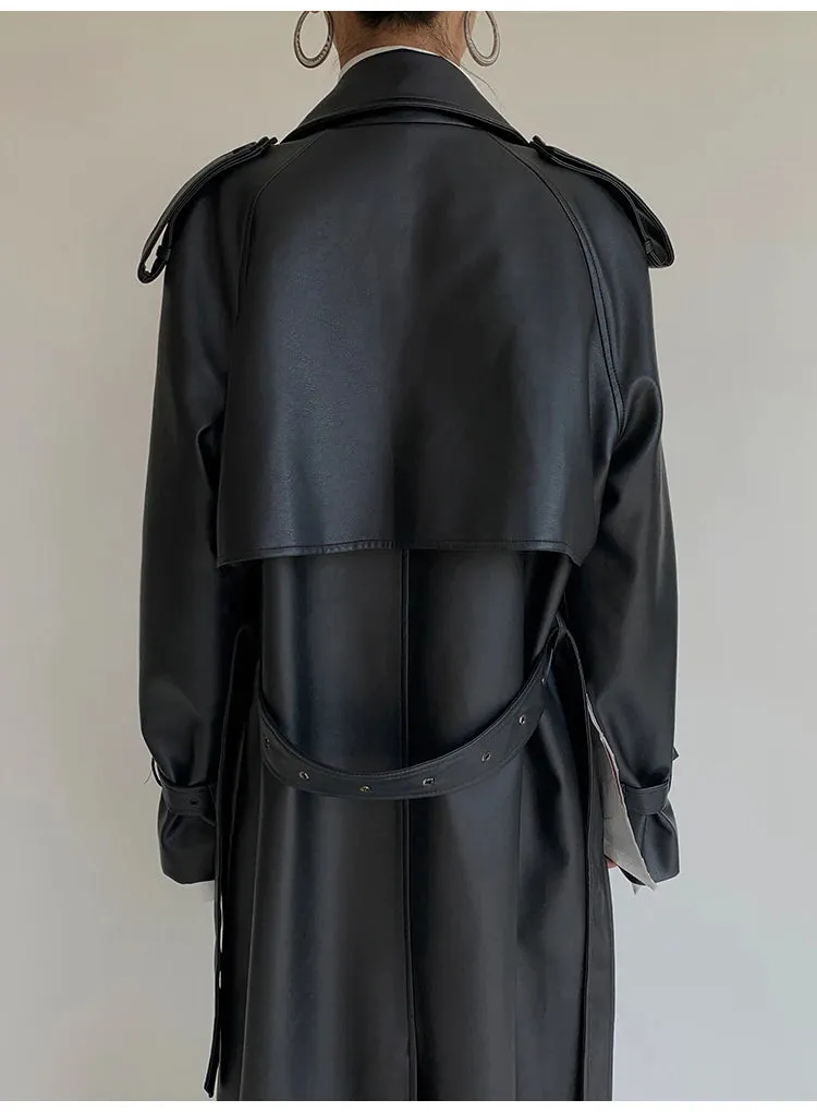 Women's Belted Faux Leather Trench Coat