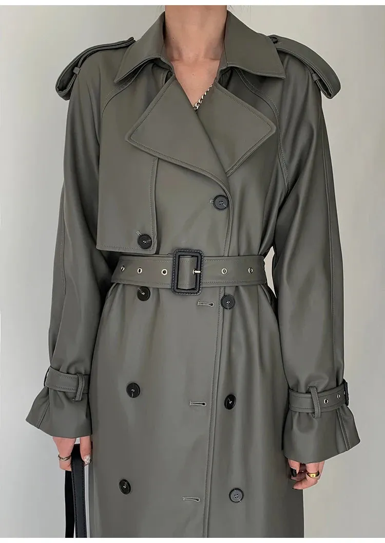 Women's Belted Faux Leather Trench Coat