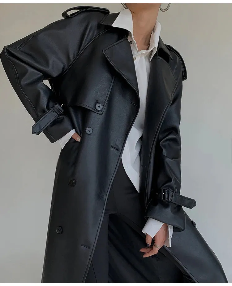 Women's Belted Faux Leather Trench Coat