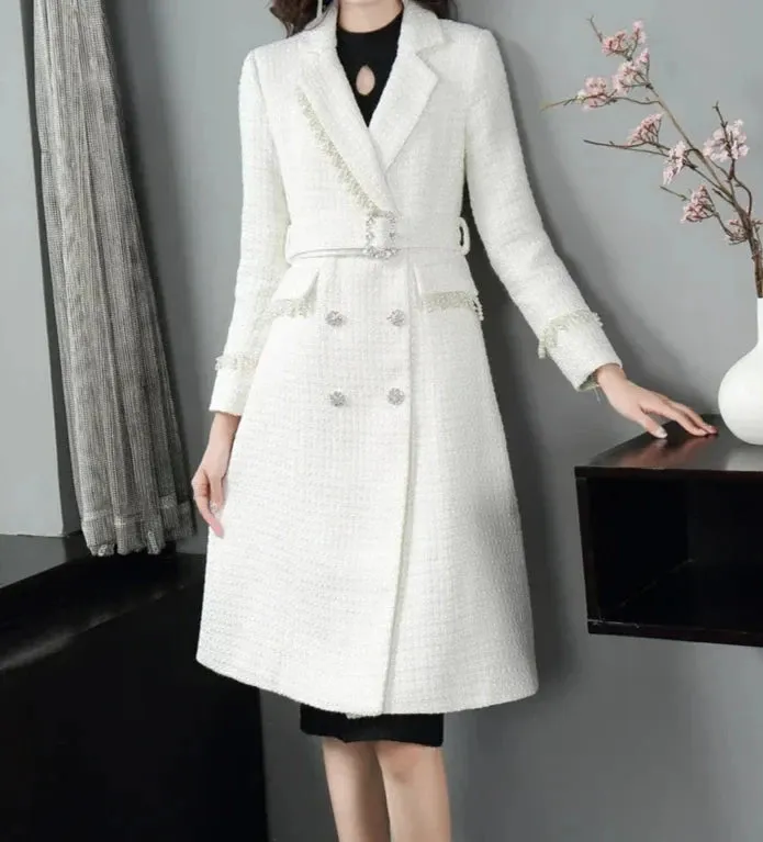 Women's Classic Luxe White Tweed Long Coat