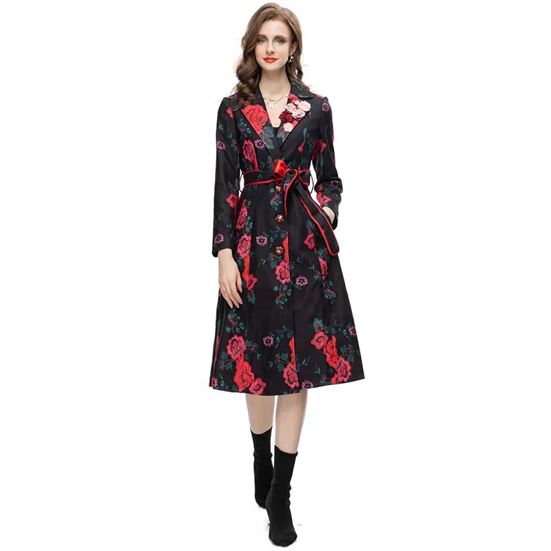 Women's Elegant Black Floral Long Trench Coat