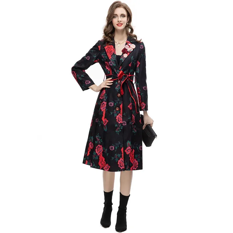 Women's Elegant Black Floral Long Trench Coat