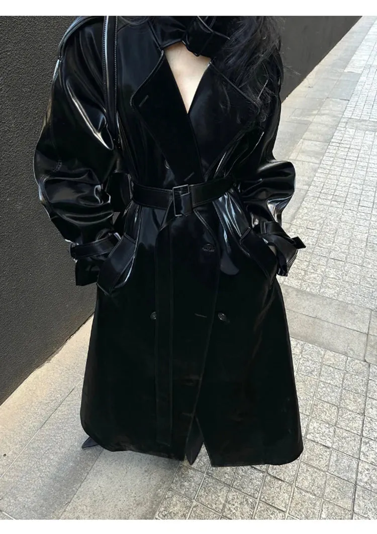 Women's Elegant Black Oversized Faux Leather Coat