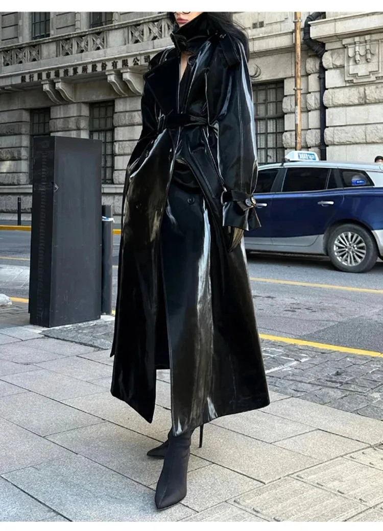 Women's Elegant Black Oversized Faux Leather Coat