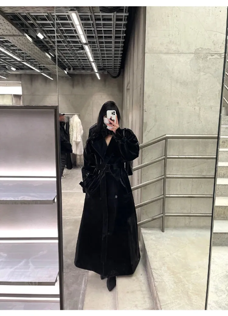 Women's Elegant Black Oversized Faux Leather Coat