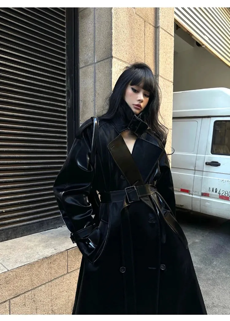 Women's Elegant Black Oversized Faux Leather Coat