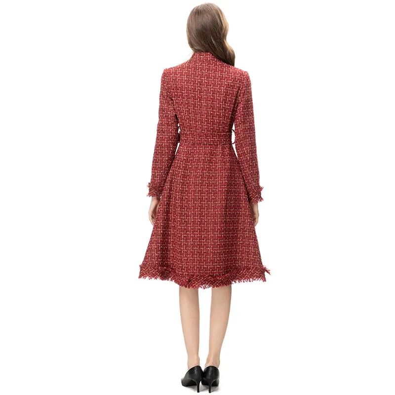 Women's Elegant Burgundy Tweed Long Coat