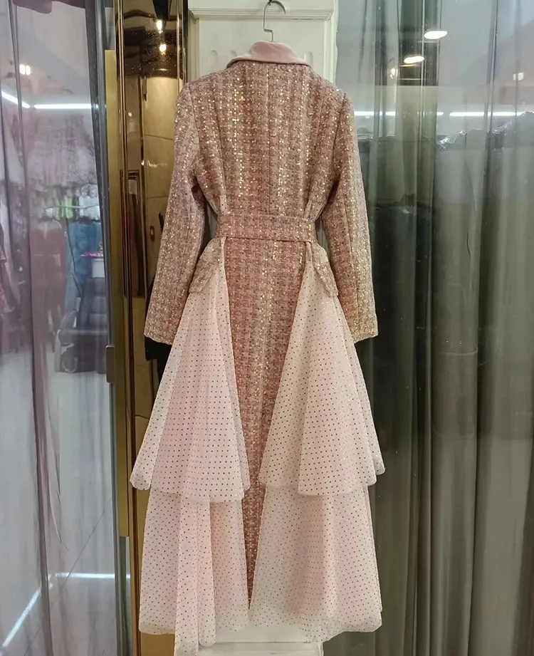 Women's Elegant Houndstooth Long Mesh Coat