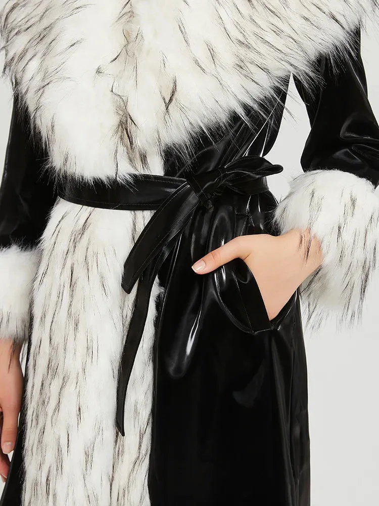 Women's Faux Fur Trim Patent Leather Trench Coat