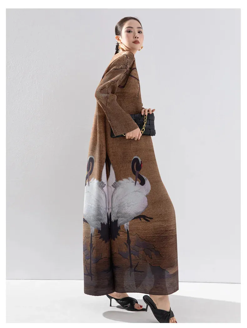 Women's Good Luck Cranes Brown Pleated Long Coat