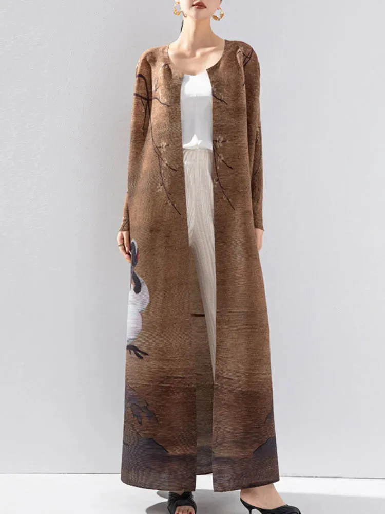 Women's Good Luck Cranes Brown Pleated Long Coat