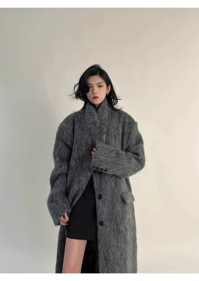 Women's Oversized Gray Woolen Trench Coat