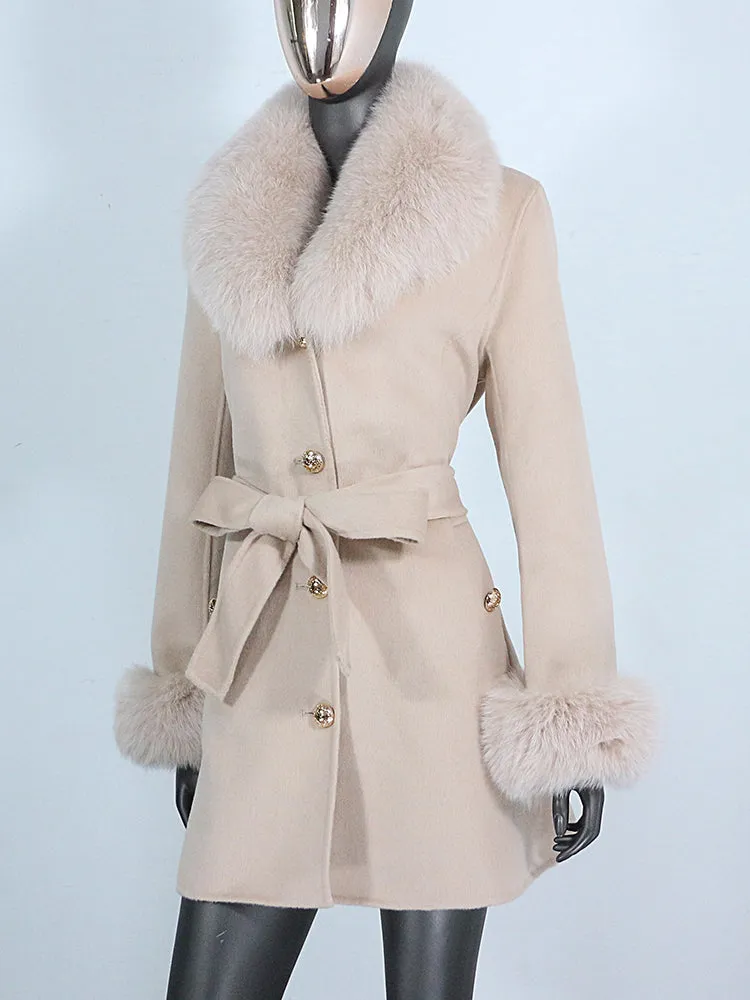 Women's Shawl Collar Fox Fur Wool & Cashmere Coat