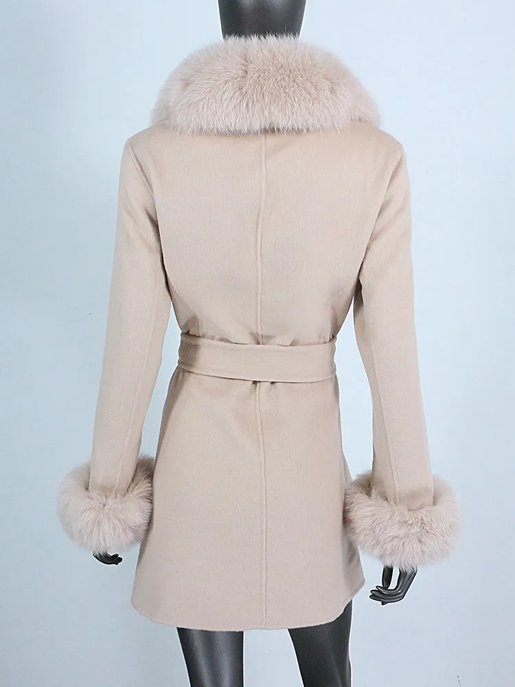 Women's Shawl Collar Fox Fur Wool & Cashmere Coat