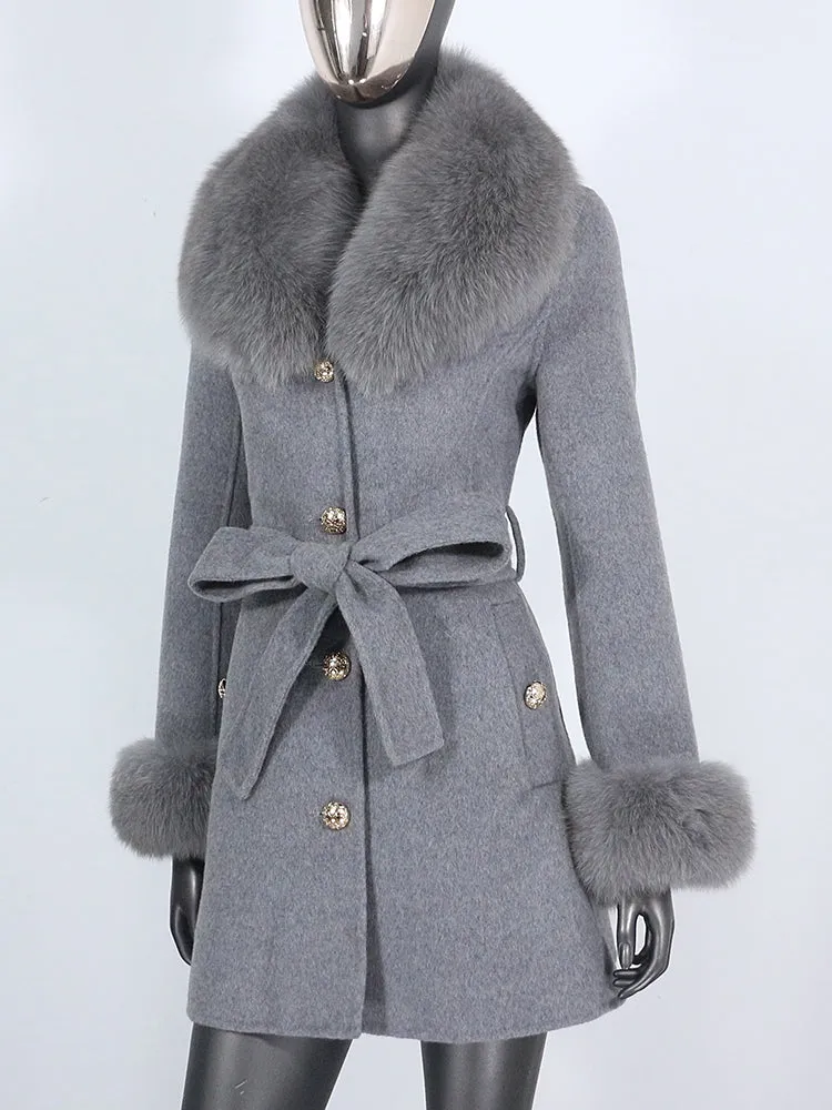 Women's Shawl Collar Fox Fur Wool & Cashmere Coat