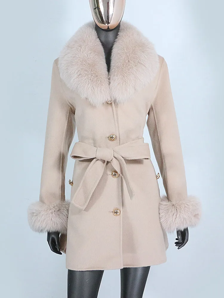 Women's Shawl Collar Fox Fur Wool & Cashmere Coat