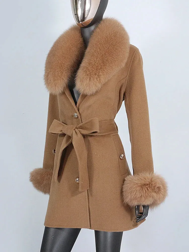 Women's Shawl Collar Fox Fur Wool & Cashmere Coat