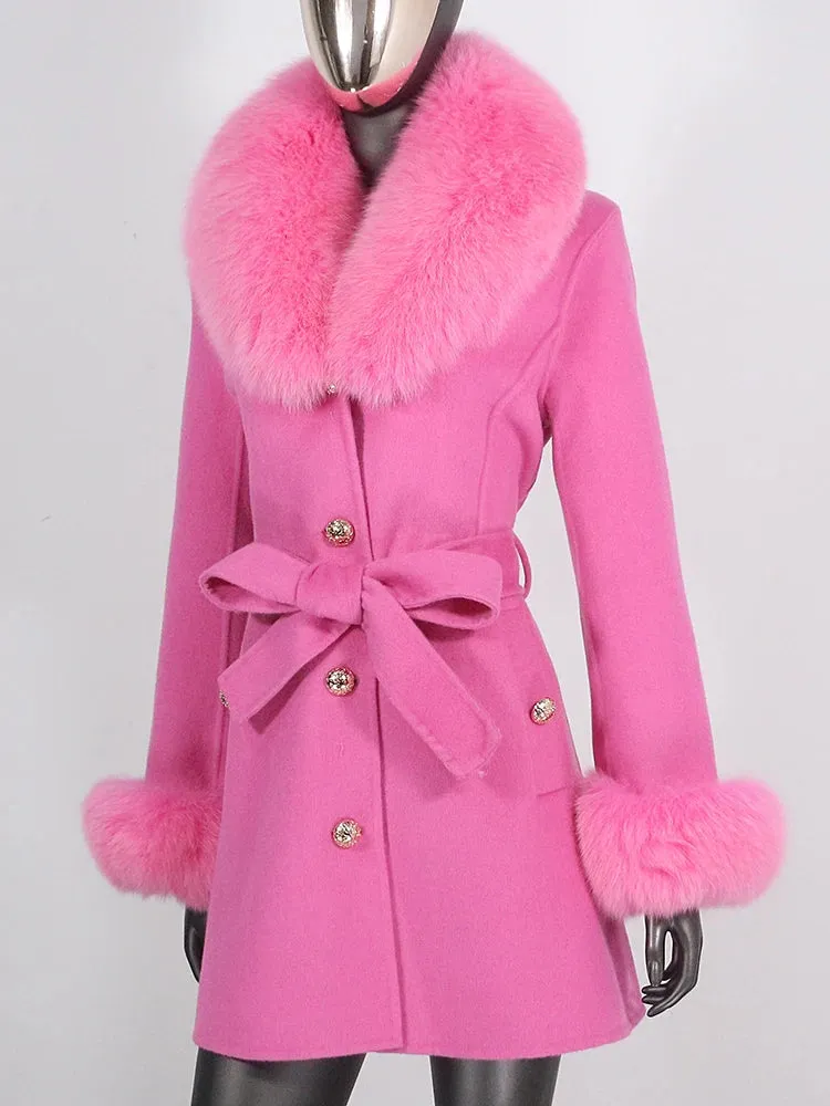 Women's Shawl Collar Fox Fur Wool & Cashmere Coat