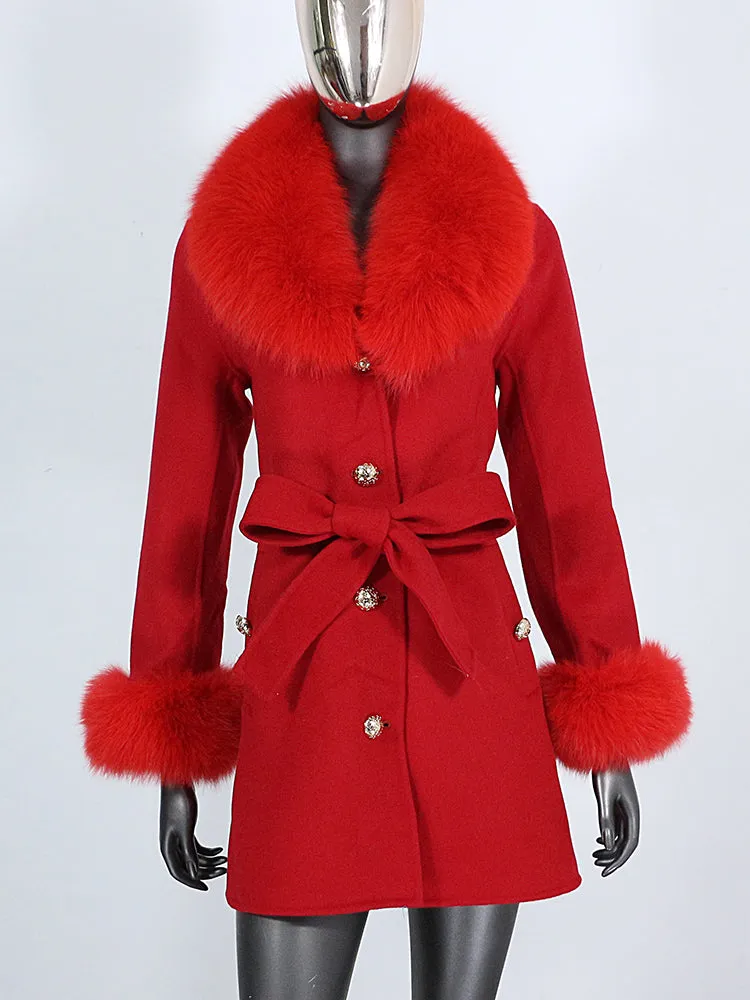 Women's Shawl Collar Fox Fur Wool & Cashmere Coat