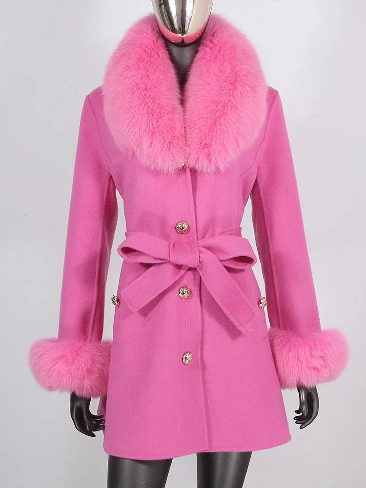 Women's Shawl Collar Fox Fur Wool & Cashmere Coat