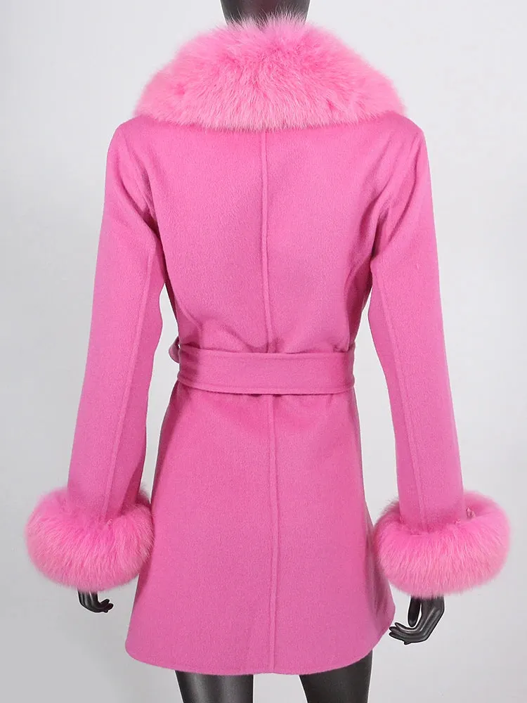 Women's Shawl Collar Fox Fur Wool & Cashmere Coat