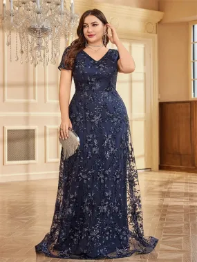 XUIBOL Plus Size Elegant Floral Blue Tulle V-Neck Evening Dress Women Short Sleeve Wedding Party Long Maxi Cocktail Dress Prom